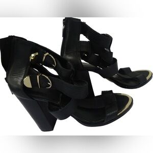 KARL LAGERFELD PARIS Black w/ Gold Leather Gladiator Chunky Sandals $225 Sz 8.5